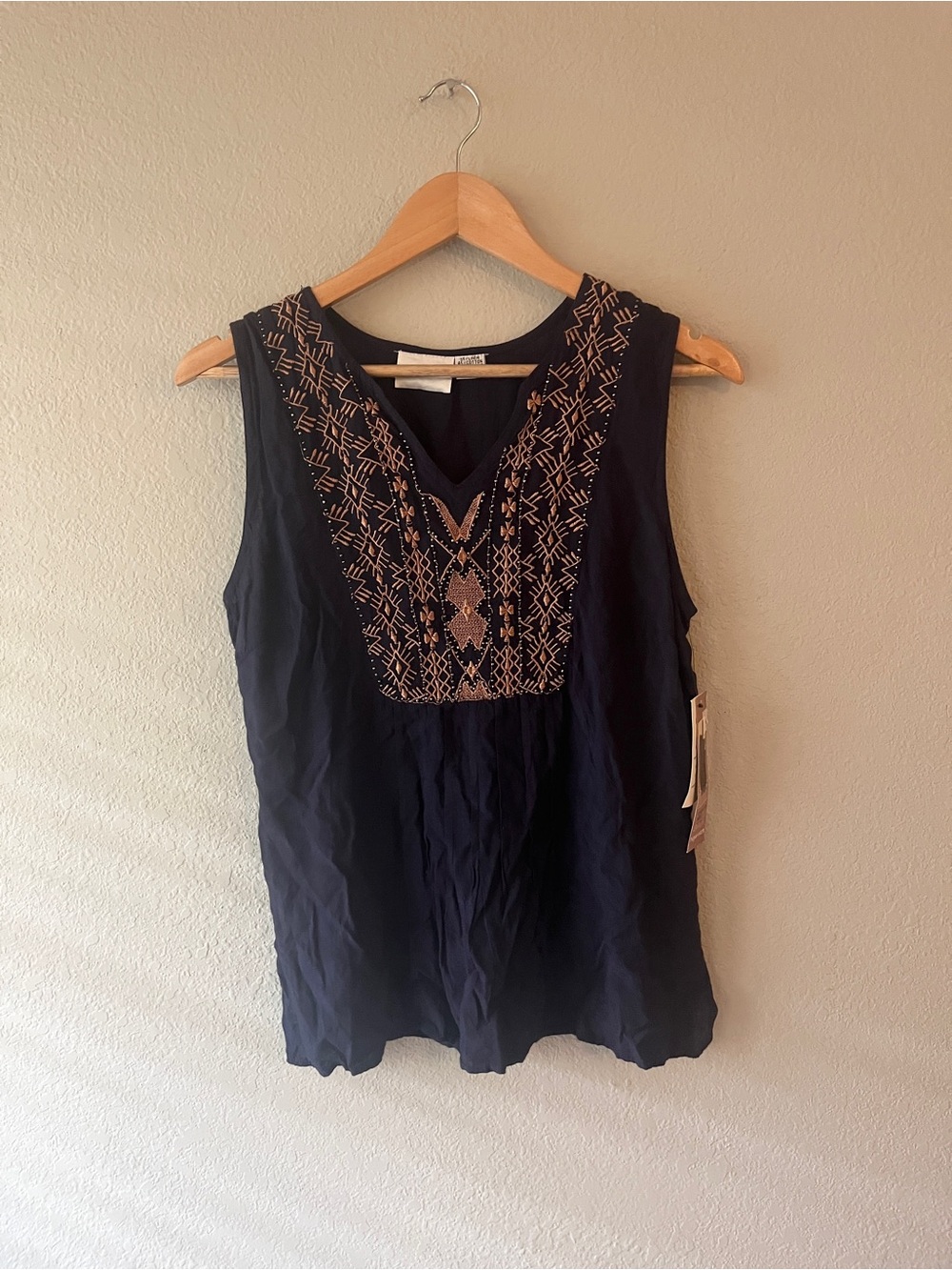 Raya Sun Embellished Beaded Linen Navy Sleeveless V-Neck Top NWT Small